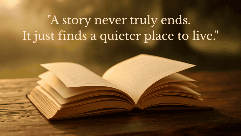 An open book glowing softly under golden light with quote overlay text